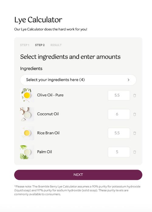 choosing oil amounts in the lye calculator
| bramble berry
