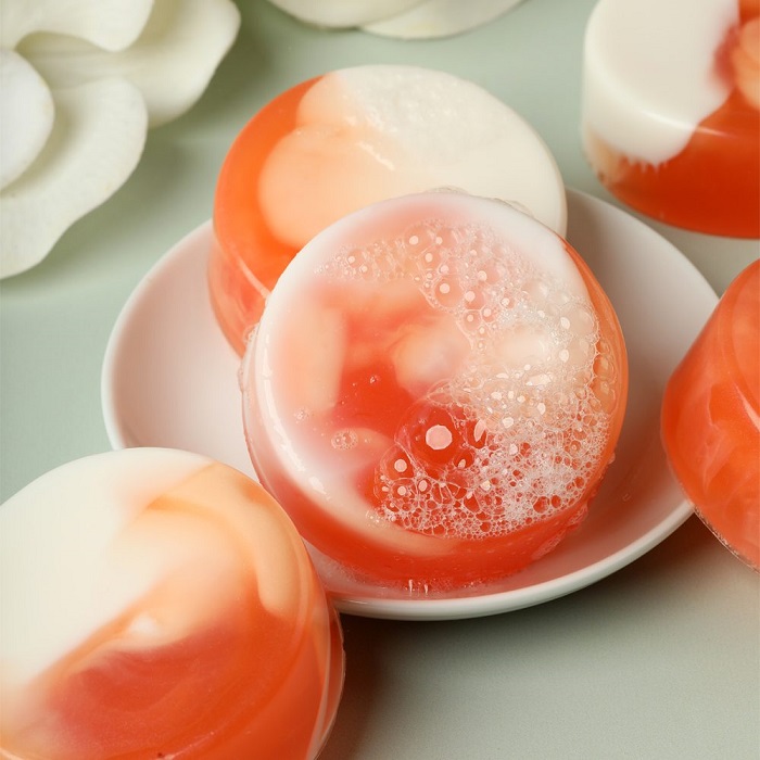 Gardenia peach soap swirled with opaque and translucent soap