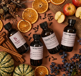 fragrance bottles surrounded by fall fruits and spices