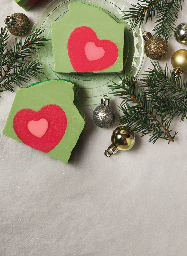 green soap bars with red and pink heart embeds