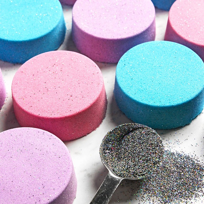 Multicolored bath bombs with glitter
